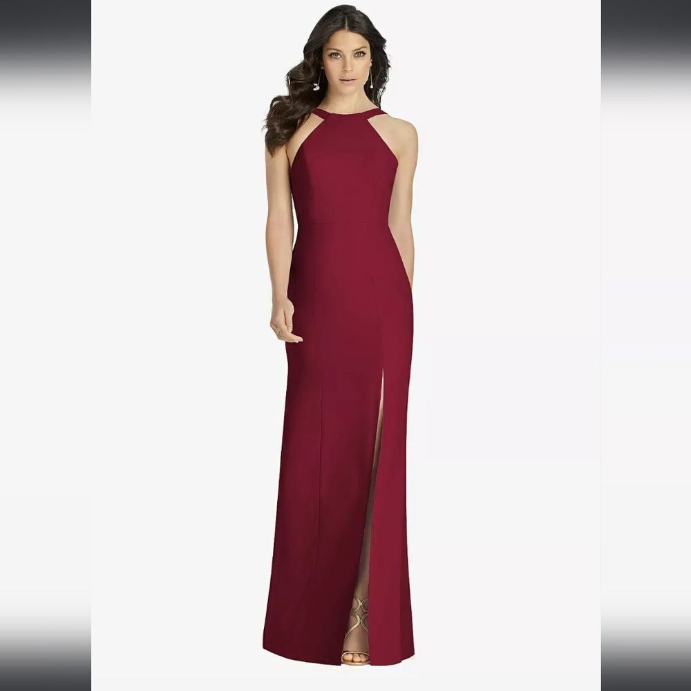 Dessy Collection High-Neck Backless Crepe Trumpet Gown In Burgundy Style…